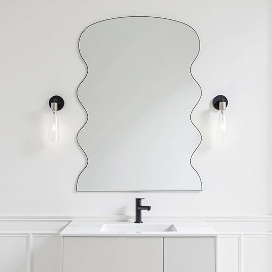 Rectangle Wavy Wall Mirror for Bathroom,20"x28" Black Scalloped Wood Frame Vanity Mirror Decorative for Bedroom Living Room Home House Office Entryway