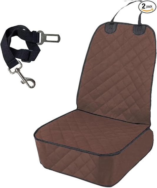 Dog Car Seat Cover, Waterproof & Scratch Proof Car Seat Protector with Side Flaps, Nonslip Front Car Seat Covers with Safety Belt, Universal Dog Mat for Cars, SUVs, Trucks (Coffee)