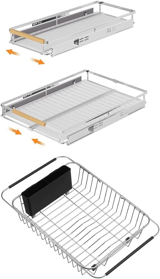SANNO Expandable Pull Out Cabinet Organizer Kitchen Sliding Shelf Under Sink Shelf, Expandable Drawer Shelves with Sliding Expandable Dish Drying Rack Over The Sink Dish Drainer Dish Rack