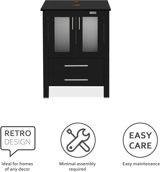 eclife 84" Modern Bathroom Vanity Sink Combo Freestanding Cabinet with Small Side Cabinet, White Square Ceramic Vessel Sink, Water Save Faucet, Drain (Black+A07)