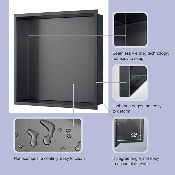 Shower Niche, 14"x14" No Tile Needed, The Insert Storage Square Shower Shelf is Easy to Install, Stainless Steel, Black grey