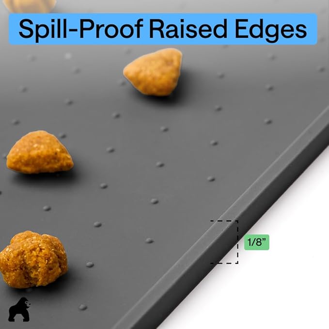 GORILLA GRIP 100% Waterproof Raised Edge BPA Free Silicone Pet Feeding Mat, Dog Cat Food Mats Contain Spills Protects Floors, Placemats for Cats and Dogs Water Bowl, Pets Accessories 28x18 Charcoal
