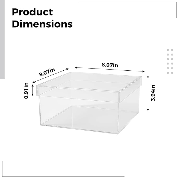 Acrylic Organizer Box with Lid, Clear Storage Cube, 8.1 X 8.1 X 3.9 in / 20.5 X 20.5 X 10 Cm, Stackable Container for Craft Supplies, Makeup, and Jewelry
