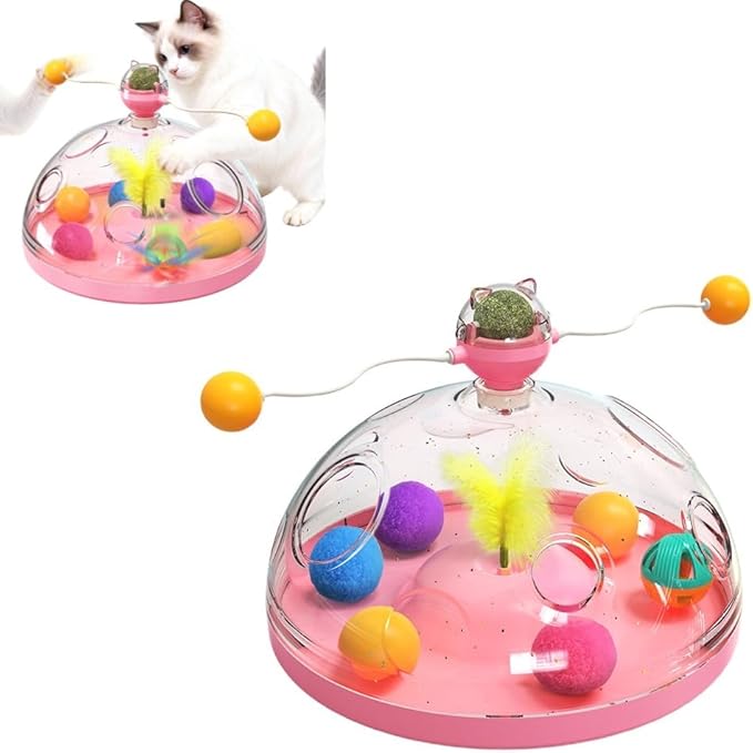 Interactive Cat Toys for Indoor Cats, Kitten Toys with Spinning Dome, Catnip Ball, Feathers & Rolling Balls - Spinning Teaser Toy for Outdoor Cats (Pink)