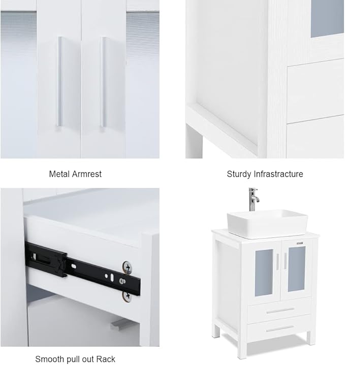 eclife 24" Modern Bathroom Vanity Sink Combo Freestanding Cabinet with Soft Closing Door, White Rectangle Ceramic Vessel Sink, Water Save Faucet, Drain (White+T03)