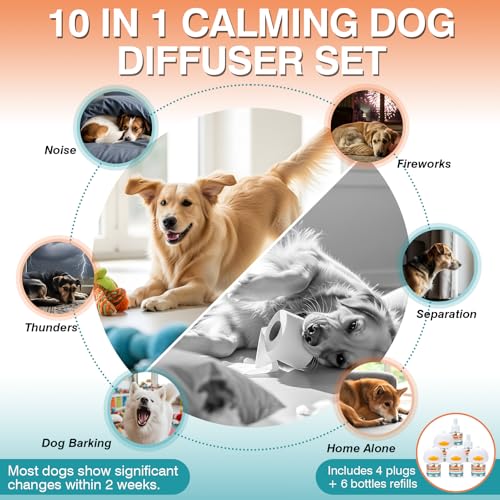 Dog Calming Pheromones Diffuser to Calm Pet 5 in 1 Advanced Kit Appeasing Pheromone Diffuser for Anxiety Relief (2 Plug in+3 Pack 48ml Refill) Reduce Aggression Fighting Barking Stress