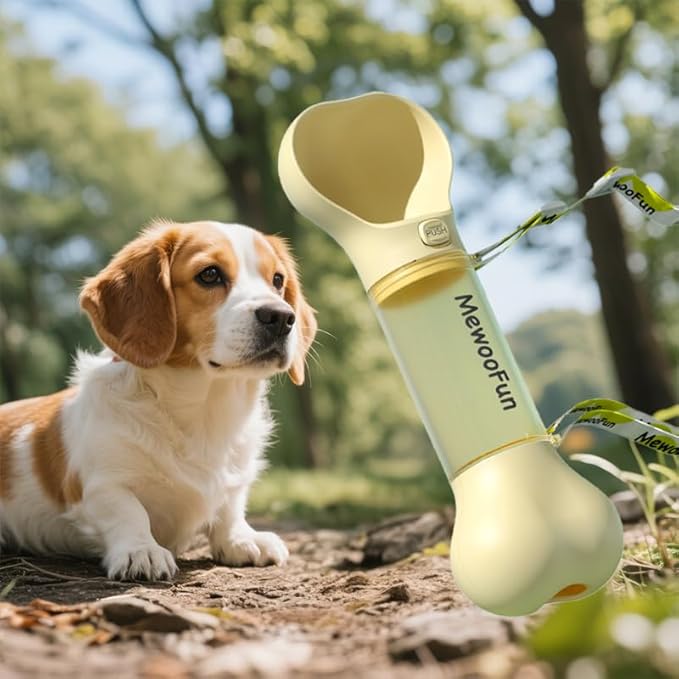 Bone Shaped Pet Water Bottle with Poop Bag Dispenser - Leak-Proof Portable Pet Travel Water Dispenser with Drinking Bowl for Walking, Hiking, & Outdoors, Yellow