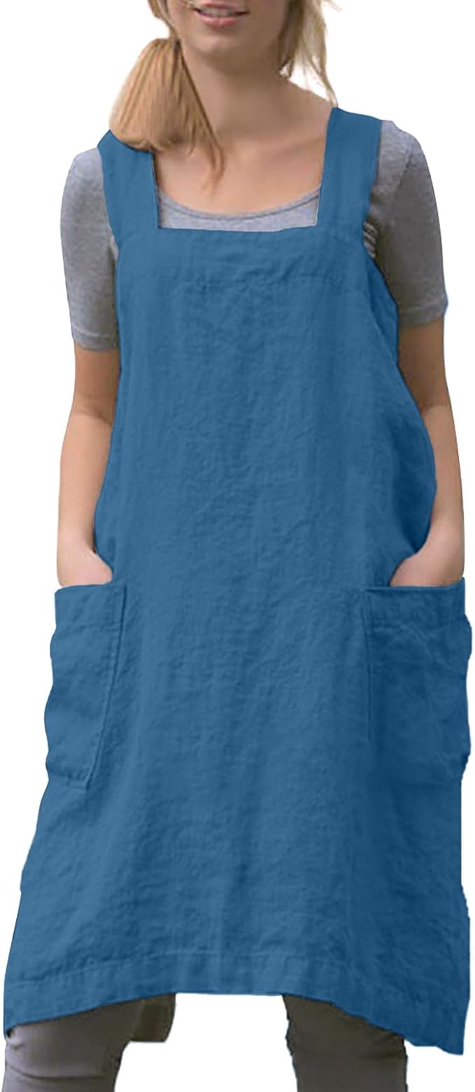 Women Apron with 2 Pockets Cotton Linen Kitchen Baking Cooking Chef Cross Back Pinafore Dress