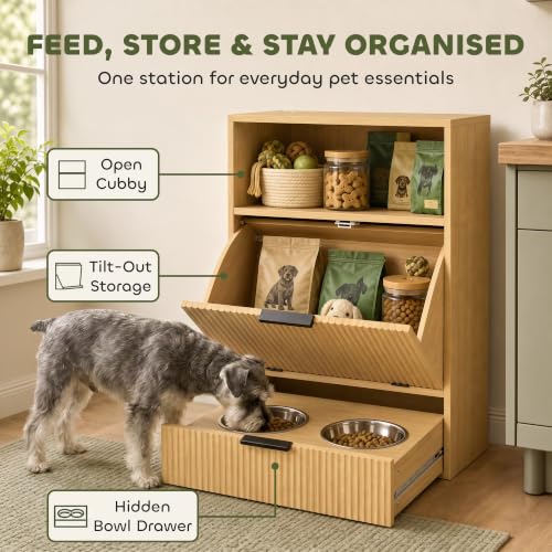 PawHut Dog Feeding Station with Storage & 2 Elevated Bowls, Oak - Image 4