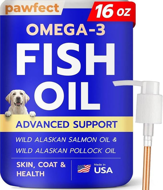 PAWFECTCHEW Fish Oil for Dogs - Natural Omega-3 - Skin & Coat Support - Liquid Food Supplement for Pets - Natural EPA + DHA Fatty Acids for Joints, Immune & Heart Health 16oz