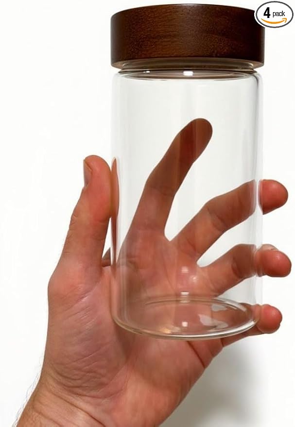 Wide Mouth Glass Storage Jars With 3" Acacia Wood Lids - 4 Pack of 16.9 Oz Airtight Food Storage Containers - Borosilicate Glass Canisters for Kitchen - Pantry Organizers Storage for Flour Rice Coffee