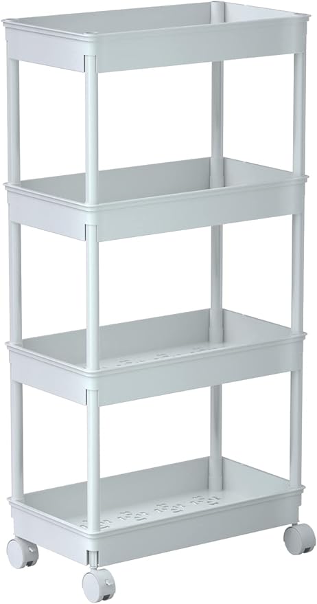 Sooyee 4 Tier Wide Storage Cart Mobile Shelving Unit Organizer Slide Out Storage Rolling Utility Cart Tower Rack for Kitchen Bathroom Laundry, Plastic & Stainless Steel,White
