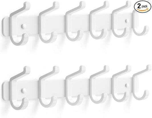 pickpiff Coat Rack Wall Mounted Heavy-Duty: Metal Coat Hanger 6 Hooks for Hanging Hat, Clothes, Robe, Keys, Backpack, Bathroom Towels, Jacket, Purse - Closet, Door, Entryway, Mudroom (White, 2 Pack)