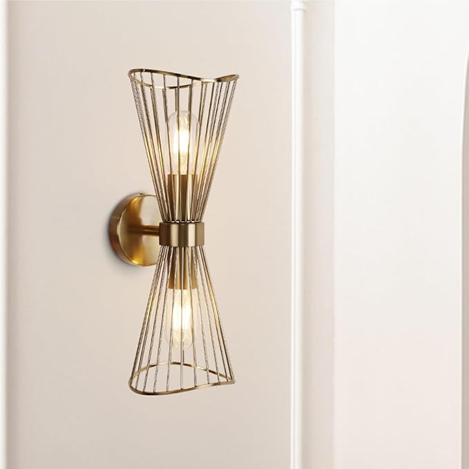 Brass Wall Sconces,Mid Century Wall Sconce Large 2 Light Vanity Light Hardwired Vintage Sconces Wall Lighting Fixtures for Bedroom Living Room Bathroom Hallway E26