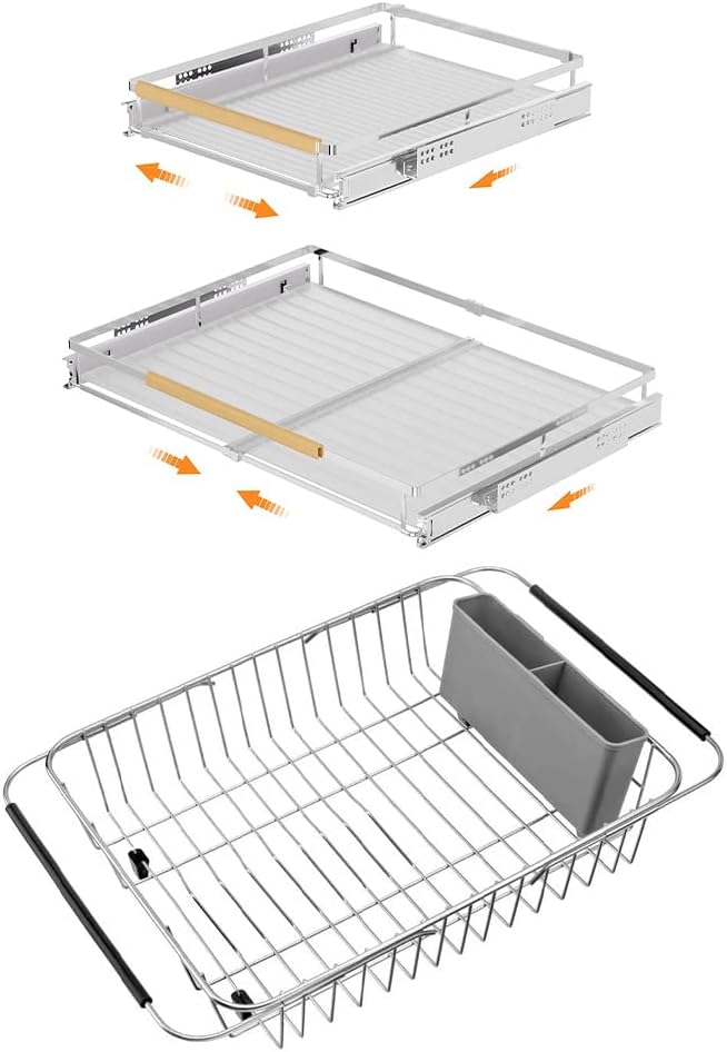 SANNO Expandable Pull Out Cabinet Shelf, Under Sink Slide Out Organizer, Pots Pans Kitchen Organizer Basket Expandable Dish Drying Rack,Stainless Steel Dish Rack Dish Drainer Rack