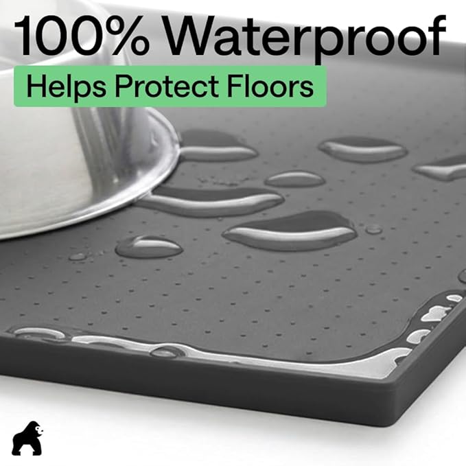 GORILLA GRIP 100% Waterproof Raised Edge BPA Free Silicone Pet Feeding Mat, Dog Cat Food Mats Contain Spills Protects Floors, Placemats for Cats and Dogs Water Bowl, Pets Accessories 28x18 Charcoal