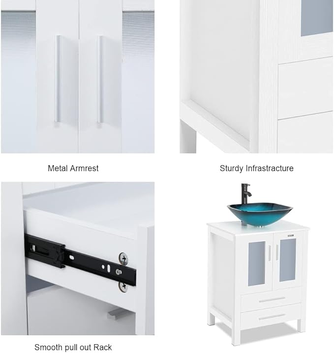 eclife 72" Modern Bathroom Vanity Sink Combo Freestanding Cabinet with Small Side Cabinet, Turquoise Square Glass Vessel Sink, Water Save Faucet, Drain (White+A10)