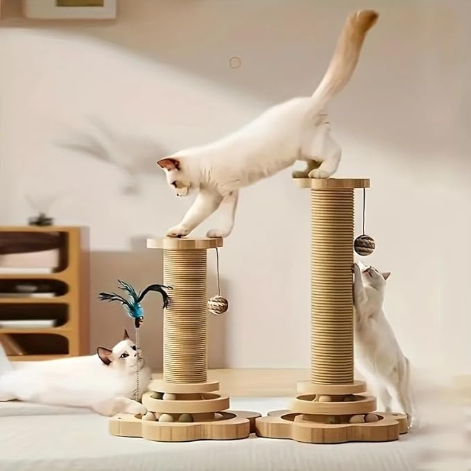 Cat Scratching Post 16'' Tall Cat Scratching Posts for Indoor Cats Adults with Hanging Ball and Interactive Wooden Ball Sisal Rope Cats Scratch Post