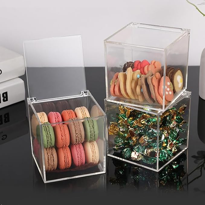 Acrylic Box with Hinge Lid, Clear Cube Display Case,Acrylic Square Container for Holding Staples, Highlighters, Adhesive Tape, Paper Clips, Stamps, Display in Office or Home