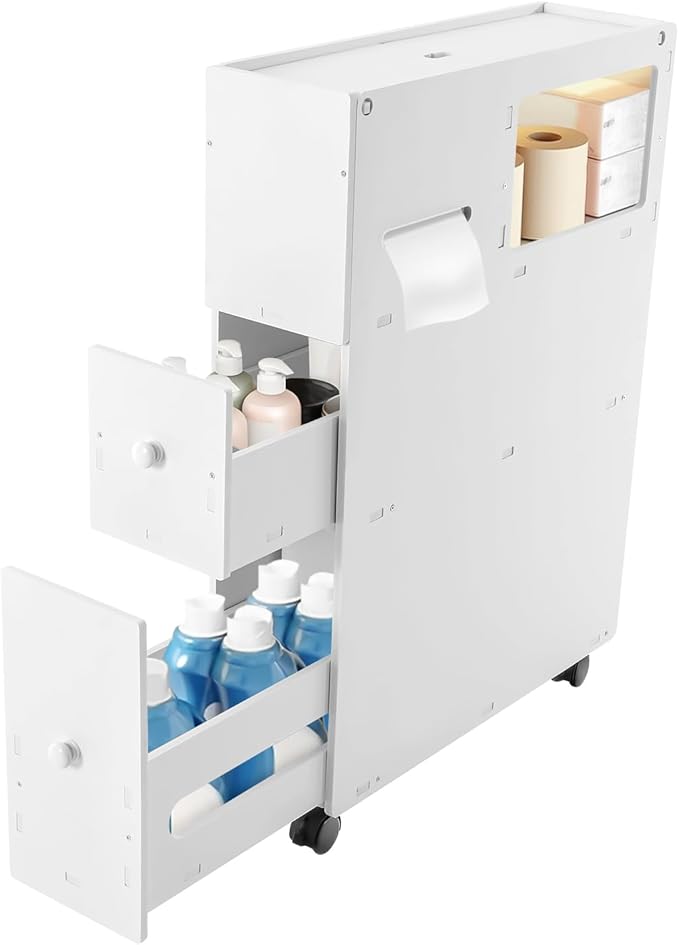 Slim Bathroom Floor Cabinet, Narrow Bathroom Storage Cabinet Plastic Storage Drawers Free Standing Cabinet Rolling Toilet Paper Holder with Slide Out Drawers Thin Toilet Cabinet w/Wheel