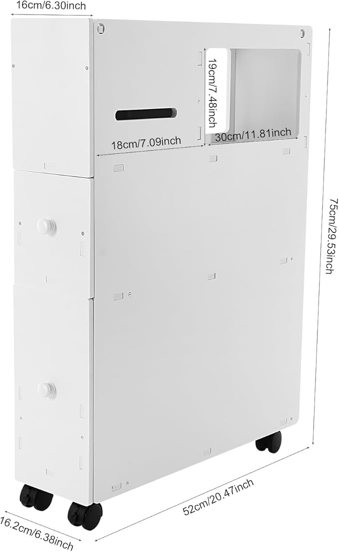Slim Mobile Bathroom Cabinet with Wheels & Brakes, Slim Storage Organizer with Slide-Out Drawers, Large Capacity Narrow Cabinet for Toilet, Bathroom, Laundry Room
