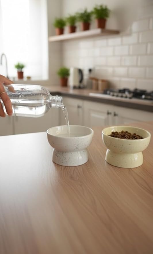 Ceramic Cat Bowls - Elevated cat Bowl, Anti-Vomiting, Whisker Friendly Raised Cat Bowl, Easy to Clean, Non-Slip, Suitable for Small Dogs - Pack of 2 (White-Beige, Orange-Yellow) (White-Beige)