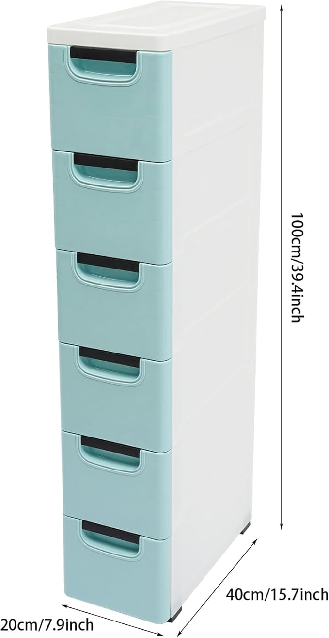 6 Drawers Storage Cabinet, Narrow Plastic Dresser, Rolling Organizer Cart, Mobile Slim Utility Cart on Wheels, Storage Drawer for Small Spaces (Blue)