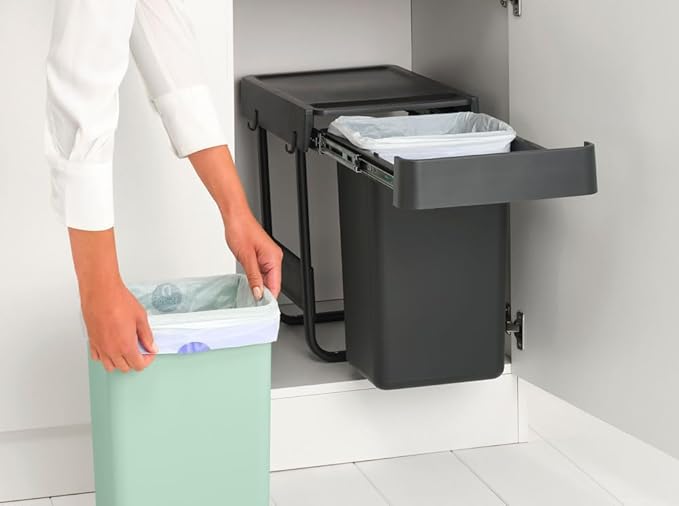 Brabantia Sort & Go Pull Out Trash Can | 2 x 4 Gal Built-in Under Kitchen Sink Cabinet Garbage Can | Integrated Double Sliding Recycling Unit, Smooth Rails, Removable Buckets | Gray & Green