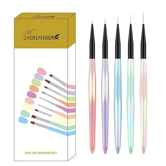 5Pcs Iridescent Handle Nail Liner Brush Set - Professional Ultra-Fine Striping Brushes for Intricate Nail Art, Multi-Color Gel Polish Liner Brushes for Salon & DIY Manicure Detailing