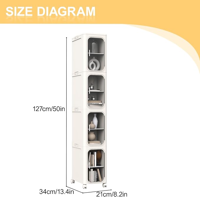 Slim Tall Bathroom Cabinet, Narrow Bathroom Organizer with Doors and Shelves, Movable Skinny Organization for Small Spaces (Beige, 50"x13.39"x8.27")