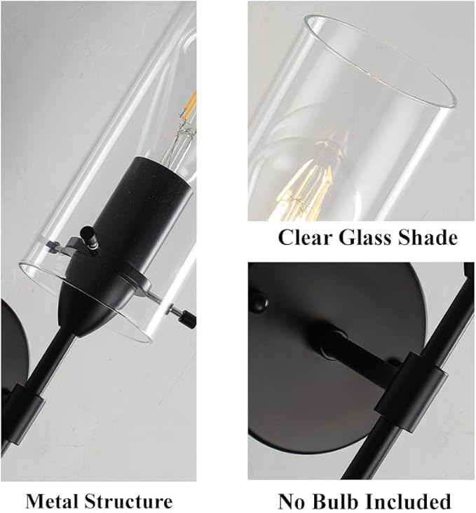 Modern Wall Sconces Set of Two, Black Wall Sconce with Clear Glass Shade, Hardwired Wall Mount Light Fixtures for Living Room Bathroom, Bedroom, Hallway