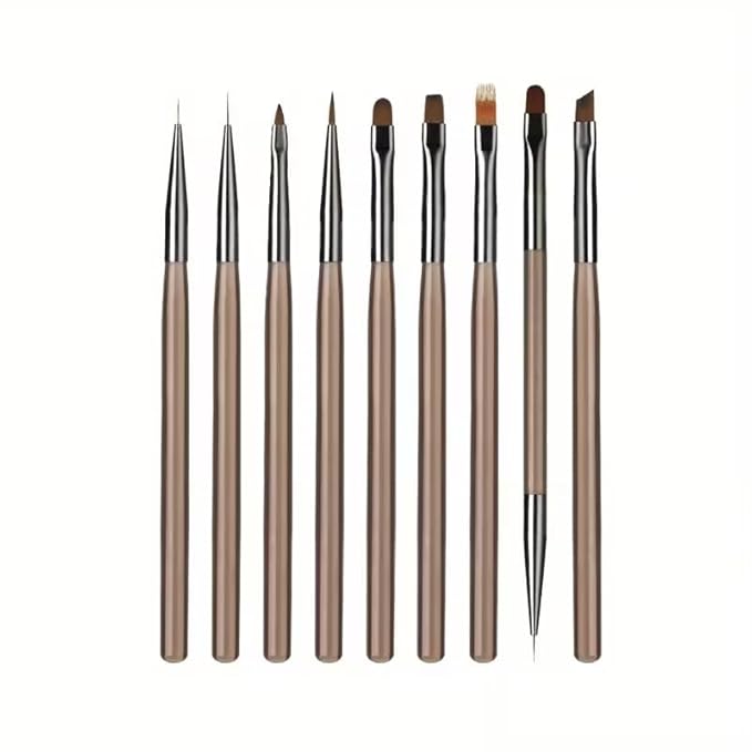 9Pcs Multi-Functional Nail Art Brush Set, Professional Brushes for Gel Polish, French Tip, Ombre, Liner & Clean Up, Manicure Tools for DIY & Salon Nail Design Tools-Brown