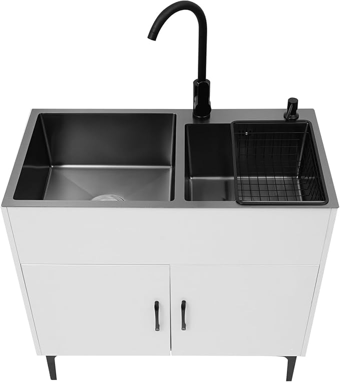 32-Inch Utility Sink Cabinet with 360° Swivel Hot/Cold Faucet, Laundry Sink with Cabinets and Stainless Steel Double Sinks, Freestanding Cabinet with Sink for Laundry&Utility Room, Kitchen, Bathroom