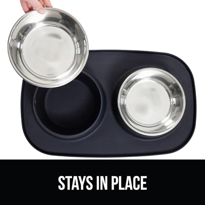 GORILLA GRIP Feeding Mat Bowl Set, 4 Cup 100% Waterproof BPA Free Silicone Base, 304 Stainless Steel Cat and Dog Bowls for Food and Water, Slip Resistant, High Edge, US Designed, Patent Pending, Black