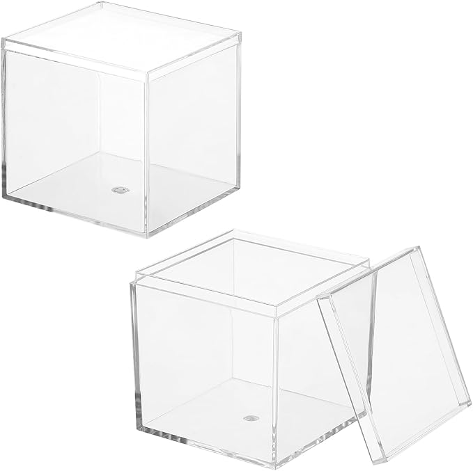 Acrylic Box with Lid, 2.36 x 2.36 x 2.36 in Acrylic Display Case Plastic Square Cube Container Storage Holder Stackable Bins for Cosmetic Collectible Candy Jewelry(2 Pack, Clear)