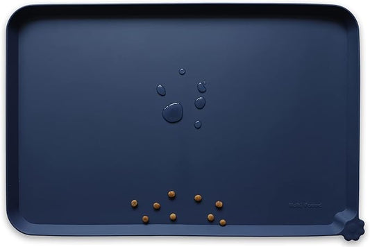 Hoki Found L Silicone Non Slip Pet Dog Cat Bowl Mats - Placemat - Waterproof Dog Cat Food Mats for Carpet - French Navy