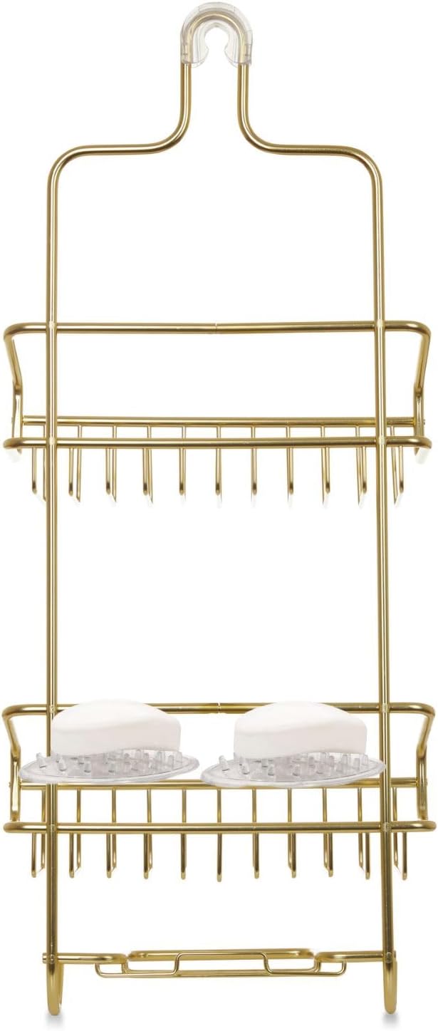 Better Houseware Shower Caddy - Shower Organizer Shelves with Hooks, Rustproof Shower Storage Rack for Shampoo, Conditioner, Soap, Bath Sponge - Gold (Caddy + Soap Holder)