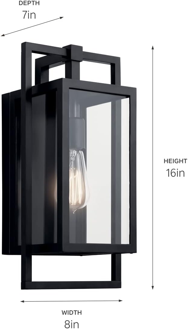 Kichler Goson 16" Outdoor Wall Light in Black, 1-Light Modern Exterior Wall Lantern with Clear Glass for Porch, Patio, Garage, (16" H x 8" W x 7" L), 59086BK