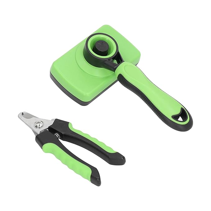 Pet Grooming Brush and Nail Clippers Kit, Stainless Steel, Self Cleaning Set for Dogs and Cats - Easy Use, Ergonomic Design, Massaging for Shedding Control