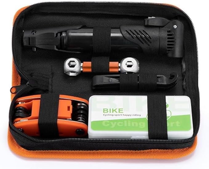 Bicycle Repair Kit with Pump & LED Light — 16-in-1 Portable Bike Tool Bag, Glueless Patches, Multi-Tool & Wrench Set for Road, Mountain & Camping Rides