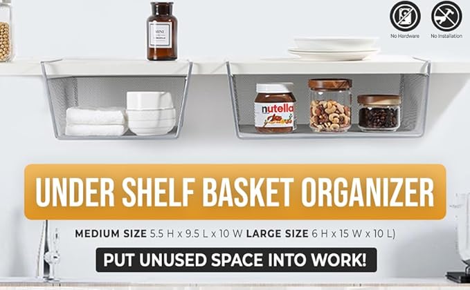 YBM Home Under Shelf Basket - Mesh Stainless Steel Storage Under Cabinet Hanging Basket Rack Maximize Space in Cabinets, Pantry Room, Bathroom, Laundry Room, and More, 1131