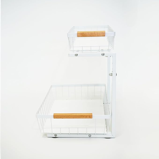 Under Sink Organizer, 2 Tier Pull Out Cabinet Organizers and Storage for Kitchen Bathroom Pantry Laundry, Adjustable Height, Slide Out Thickened Metal Storage Shelf (White, 1 Pack)