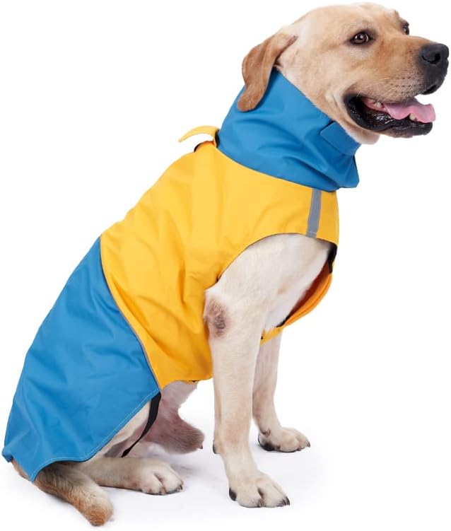 Dog Winter Coat, X-Small, Blue+Yellow, Waterproof, High-Collar, Reflective Strip, Leash Hole, Polyester