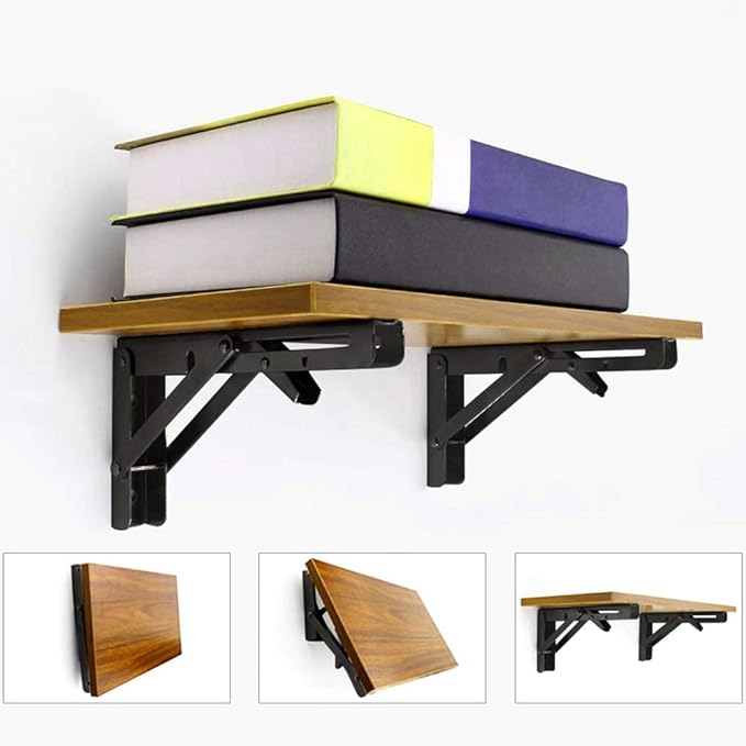 Storystore Folding Shelf Brackets - 16 Inch Heavy Duty Metal Collapsible Shelf Bracket for Bench Table, Shelf Hinge Wall Mounted Space Saving DIY Bracket, Max Load: 150 lb 2 PCS (Black)