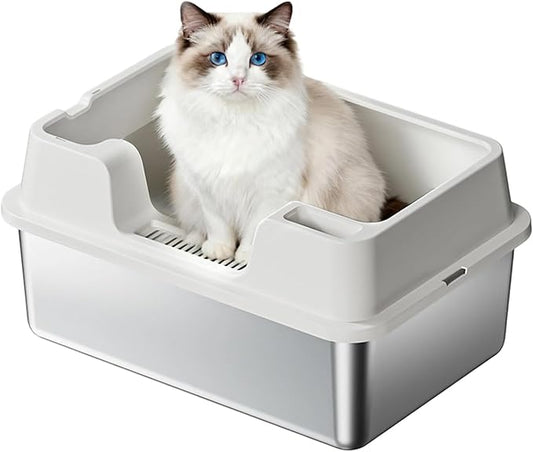 Enclosed Stainless Steel Cat Litter Box with Lid, XL Extra Large Litter Box for Big Cats, Metal Litter Pan High Sided, Never Absorbs Odors, Anti-Urine Leakage, Easy Cleaning, Include Scoop