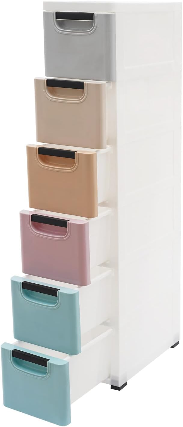 6 Drawers Narrow Slim Plastic Storage Cabinet,Storage Drawer with Wheels,6 Tier Drawers Dresser,Rolling Narrow Cabinet for Small Spaces Bathroom Kitchen Bedroom Living Room,Multicolor