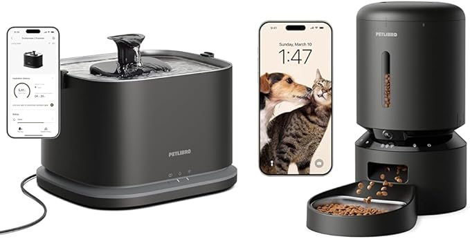 Bundle of PETLIBRO Cat Water Fountain Stainless Steel Tray, 3L/101oz App Monitoring 5G WiF + Automatic Cat Feeder with Camera, 1080P HD Video with Night Vision, 2-Way Audio, Low Food & Blockage Sensor