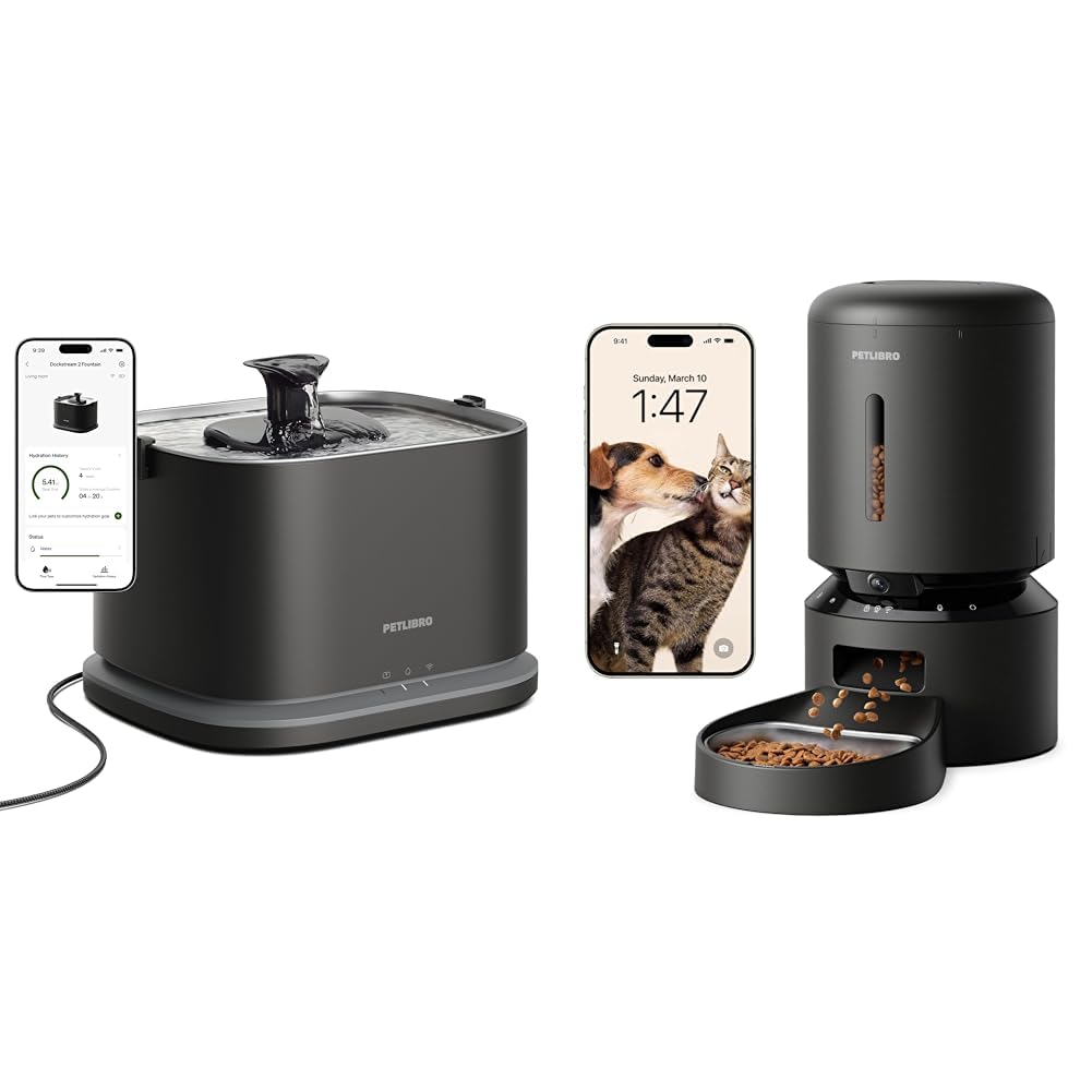 Bundle of PETLIBRO Cat Water Fountain Stainless Steel Tray, 3L/101oz App Monitoring 5G WiF + Automatic Cat Feeder with Camera, 1080P HD Video with Night Vision, 2-Way Audio, Low Food & Blockage Sensor