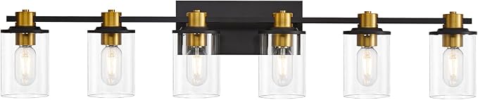 Bathroom Vanity Light, 6 Light Black and Gold Bathroom Light Fixtures, Sconces Wall Lighting with Clear Glass Shade, Modern Brushed Gold Vanity Lighting fixtures for Bathroom, Bedroom, Hallway
