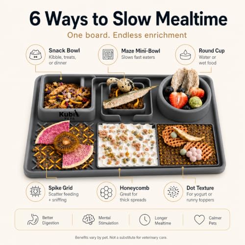 Snack Board Slow Feeder for Dogs – Large Enrichment Feeding Board with Mini Bowls & Flat Sections, Perfect for Treats & Meals | Kubi Pets (Gray)